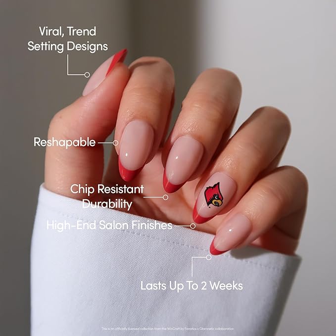 Fanatics x Glamnetic Press On Nails - University of Louisville Cardinals | Short Almond Fake Nails, Collegiate Cardinals Red French Tips, College Nails Salon-Quality | 15 Sizes - 30 Nail Kit with Glue