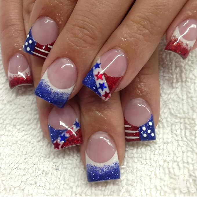 Independence Day French Tip Press on Nails Short Square Fake Nails with Blue and Red Glitter Designs Stripe French False Nails Five-Pointed Star Stick on Nails for Women 4th of July