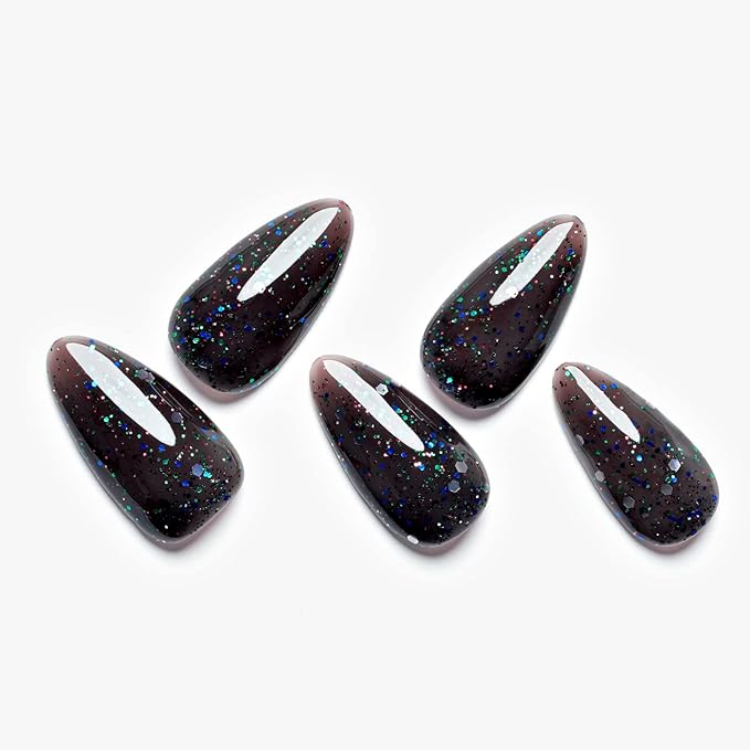 GLAMERMAID Glitter Black Press on Nails Medium Almond, Handmade Glossy Jelly Soft Gel Glue on Nails Stiletto, Galaxy Shrimmer Fake Nails Short Oval, Reusable Acrylic Stick on False Nails Kit for Women
