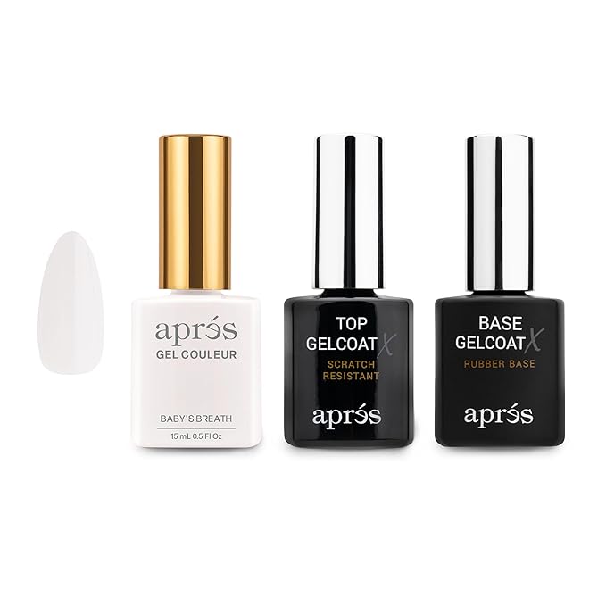 APRÉS Gel Couleur Trio Set - Gel Color, Base Coat, Non-Wipe Top Coat (15ml), Nail Polish Bundle (Baby's Breath)