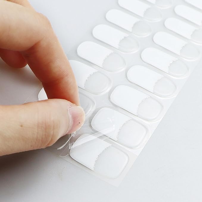JMEOWIO Gel Nail Stickers White French Tip Transparent Semi Cured Gel Nail Strips Wraps UV/LED Nails Art Design Decoration Accessories