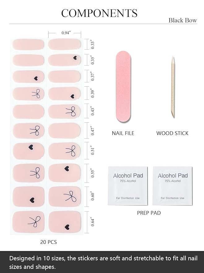 Semi Cured Gel Nail Strips (Black Bow), Jelly Nude, 20 Pcs Gel Nail Wraps, Stickers, UV Light Required, Salon Quality, Long Lasting