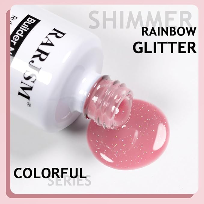 RARJSM Nude Glitter Rubber Base Gel Nail Polish Rose Pink Sparkle Rainbow Iridescent Sheer Rubber Base for Nails Brush on Extend Builder Hard Gel Curing Requires 15ml Home Salon French Manicure