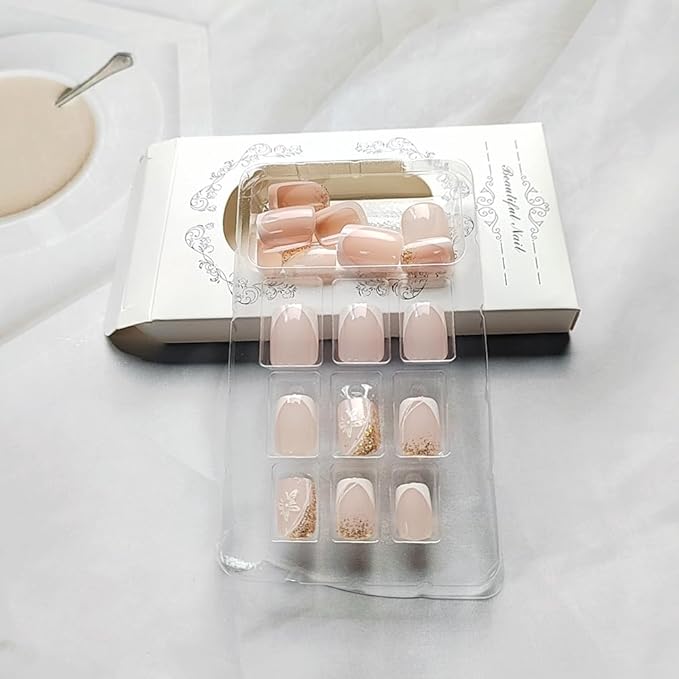 Press on Nails Square Short Spring Fake Nails Press ons White French Nail Tips Artificial Acrylic Kit Full Cover False Nails with Butterfly Glitter Design Stick on Nails for Women 24Pcs
