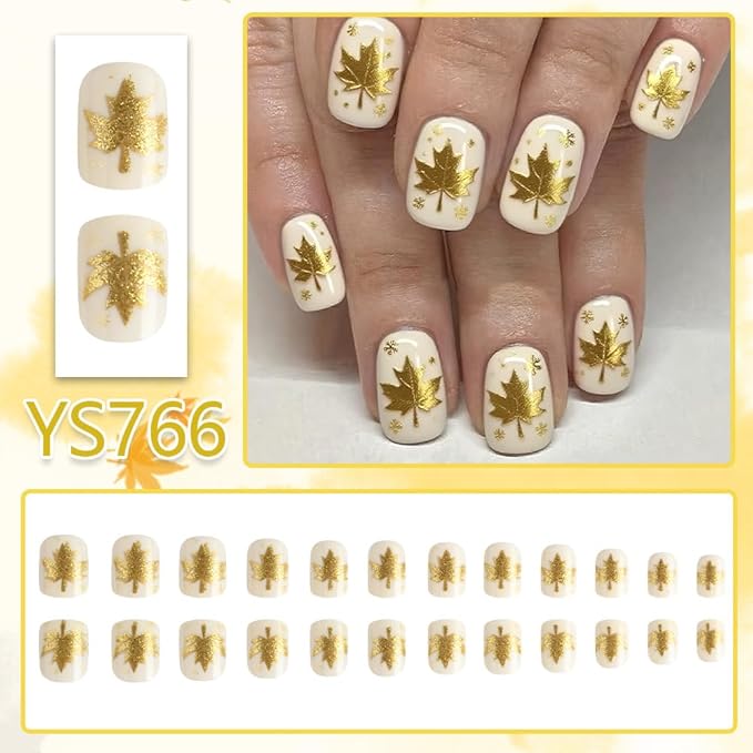 Fall Press on Nails Short Square Fake Nails Gold Maple Leaf False Nails Press ons with Golden Metal Leaf Design-Reusable Artificial Nail Full Cover Stick on Nails for Women Manicure 24Pcs