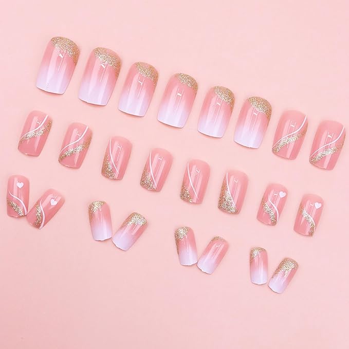 Press on Nails Medium Square Fake Nails Gold Glitter False Nails with Design Heart Curve Glue on Nails Gradient Pink Full Cover Acrylic Stick on Nail Reusable Artificial Nail for Women Manicure 24Pcs