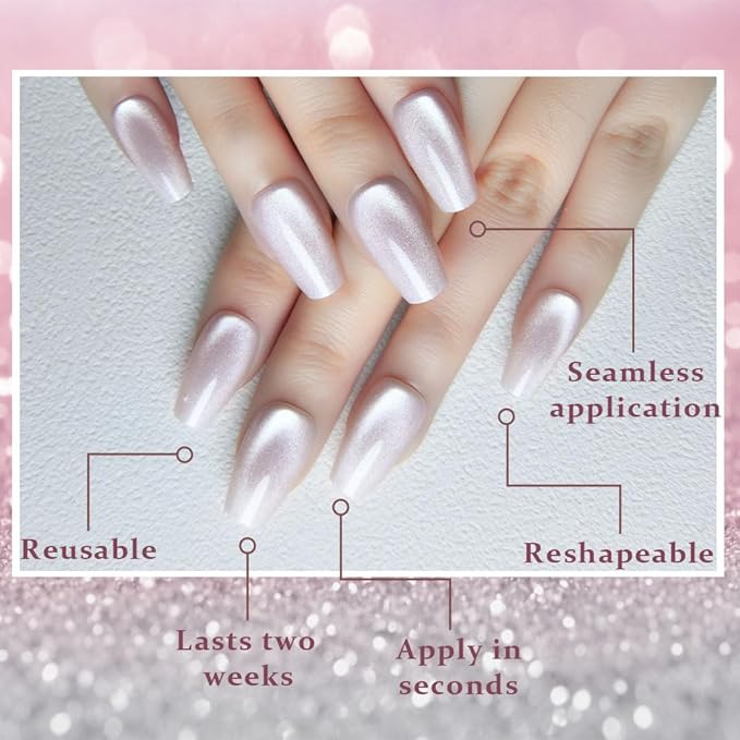 evpct Pearl White Nude Cat Eye Coffin Press on Nails Square Medium, Stick on Nail Medium Square for Women Gift, Pearl Metallic Glitter Glossy Reusable Soft Gel Press on Acrylic Fake Nail with Designs