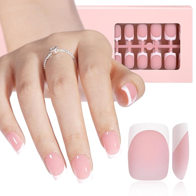 AILLSA Short Square Press On Nails, 192 Pcs Pink French Tip Press On Nails, French Gel Nail Tips, Pre-Applied Primer & Base Coat, No File Need DIY Manicure Fake Nails for Extension Gifts for Women