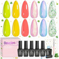 Beetles Gel Nail Polish Set, Yellow Coral Green Glitter Pastel Gel Polish with Bees Stickers 6 Color Summer Buzzy Field Theme for Nail Art Gift for Women