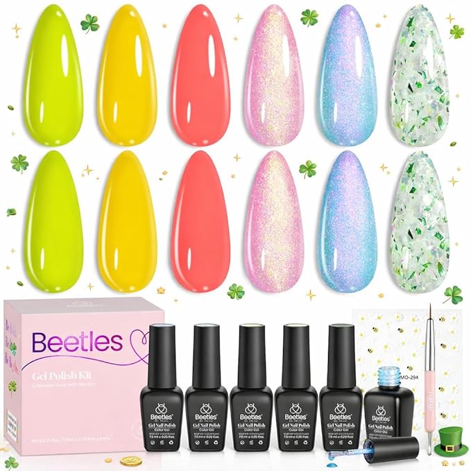 Beetles Gel Nail Polish Set, Yellow Coral Green Glitter Pastel Gel Polish with Bees Stickers 6 Color Summer Buzzy Field Theme for Nail Art Gift for Women