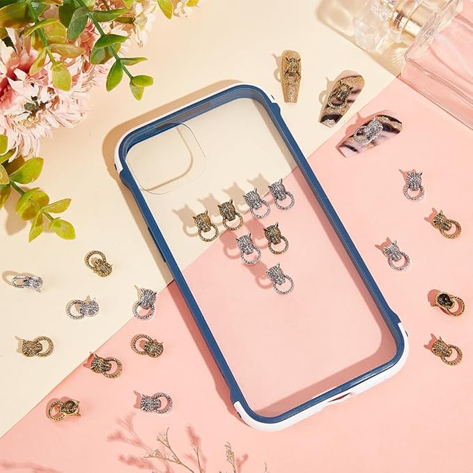 60Pcs 2 Colors Leopard Head Alloy Cabochons Feline Animal Theme Nail Art Charms Pull Ring Design Manicure Jewels Retro Wild Style Nail Art Decorations for Nail Art Supplies