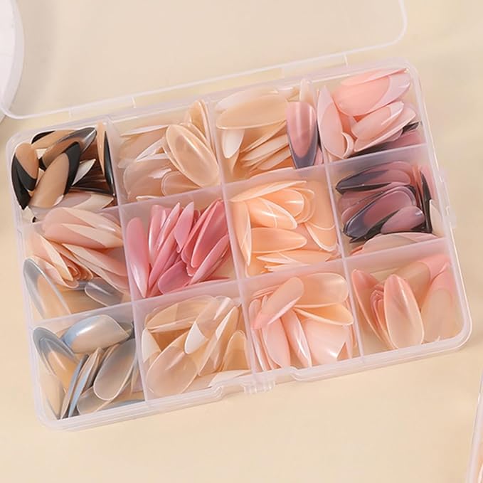 French Gel Nails - Colorful French Tip Press on Nails, Almond Press on Nails, Glossy Skin Tones Medium False Nails 288pcs -12 Sizes Artificial Fake Nails Stick on Nail for Women Manicure