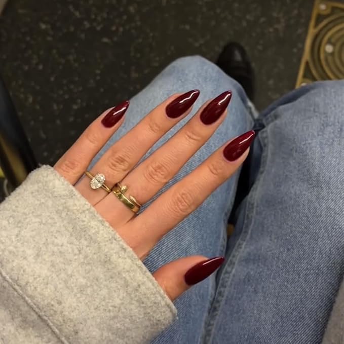 Burgundy Red Press on Nails Almond Shaped 48Pcs Neutral Thick Fake Nails for Women, Medium Almond Nails Press on Reusable Acrylic Nails Glue on Medium Length Stiletto False Nails Gel Artificial Nails