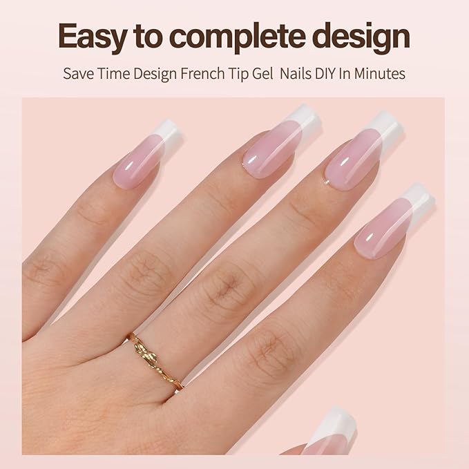 Vansiho French Tip Press on Nails, 150Pcs Long Square Pink Gel Nail Tips, Square 3 in 1 Pre-French Gel Tips, Fake Nails for Nail Art DIY 15 Sizes