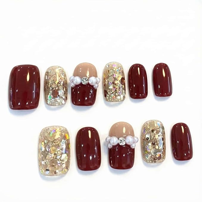 Press on Nails Short Square Fake Nails with Gold Glitter Pearl Rhinestones Designs Glue on Nails Red Full Cover False Nail Reusable Stick on Nail for Women 24Pcs