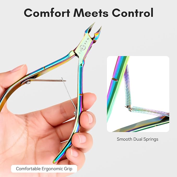 Makartt Cuticle Trimmer: Cuticle Nipper and Cuticle Pusher Set, Rainbow Titanium Stainless Steel Manicure Tools for Nail Prep and Care, 7mm Precision Jaw, Double Spring, Ergonomic and Portable