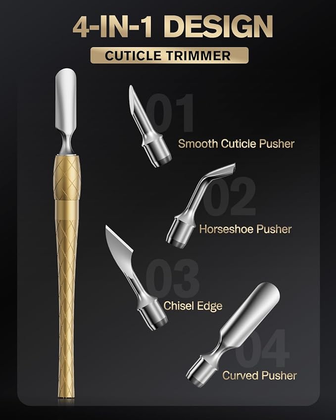 FERYES 4-in-1 Cuticle Pusher Tool-Curved/Smooth/Chisel/Horseshoe Heads + Thread-Lock Handle for Secure Salon Manicures