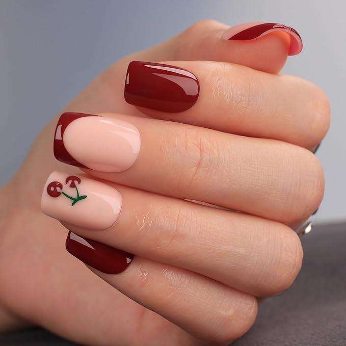 Burgundy French Short Square Press On Nails, Nude Fake Nails with Wine Red French Tips and 3D Cherry Detail, Glossy Gel Finish Acrylic Nails, Fall Reusable Glue On Nails Kit for Women, 30Pcs