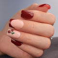 Burgundy French Short Square Press On Nails, Nude Fake Nails with Wine Red French Tips and 3D Cherry Detail, Glossy Gel Finish Acrylic Nails, Fall Reusable Glue On Nails Kit for Women, 30Pcs