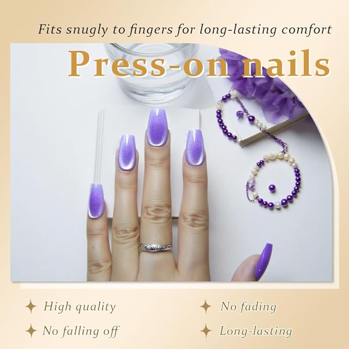 evpct Violet Purple Cat Eye Coffin Press on Nails Square Medium, Medium Square Stick on Nail for Women Gift, Purple Metallic Glitter Glossy Reusable Soft Gel Press on Acrylic Fake Nail with Designs
