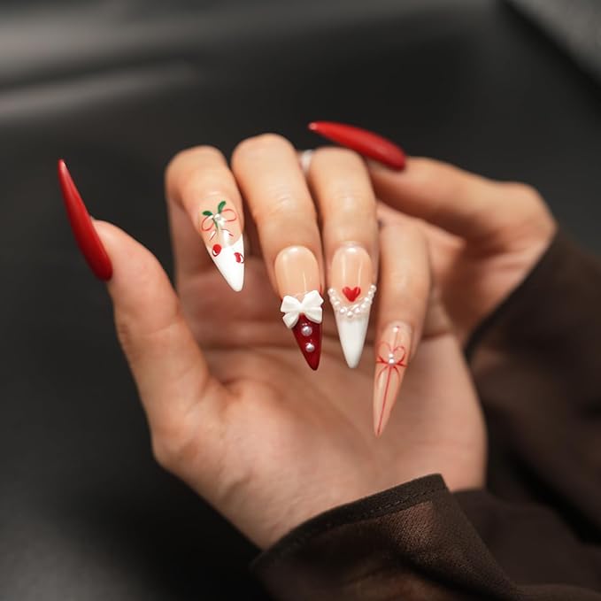 Luxury Handmade Press On Nails for Women,Reusable French Tip Long Almond False Nails, with 3D Red Bow & Cherry Pearls, Salon Quality Multilayer Gel Acrylic Fake Nails (10pcs)