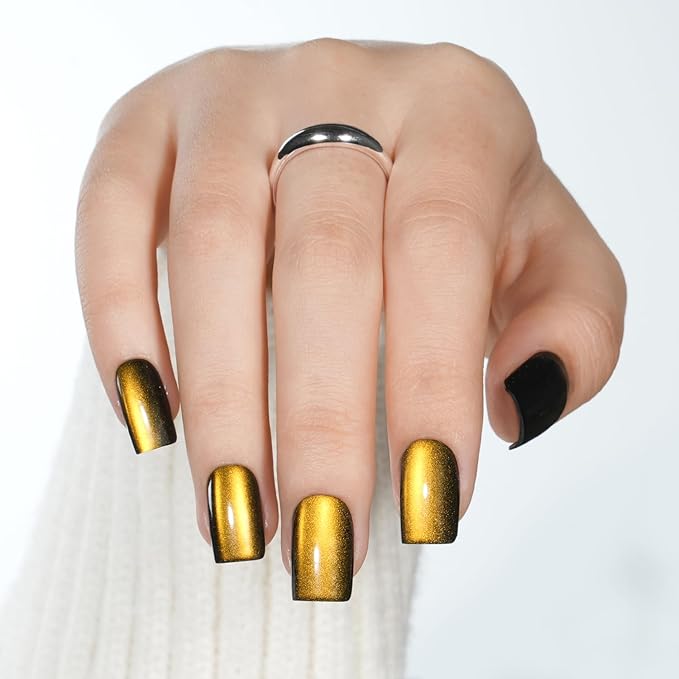 Gold Cat Eye Press On Nails - Short Square Metallic Gold Nails Press Ons for Women DIY Glossy Fake Nails Kit with Glue, Reusable Soft Gel Glue on Nails Short in 16 Sizes - 32pcs, Golden Mirage