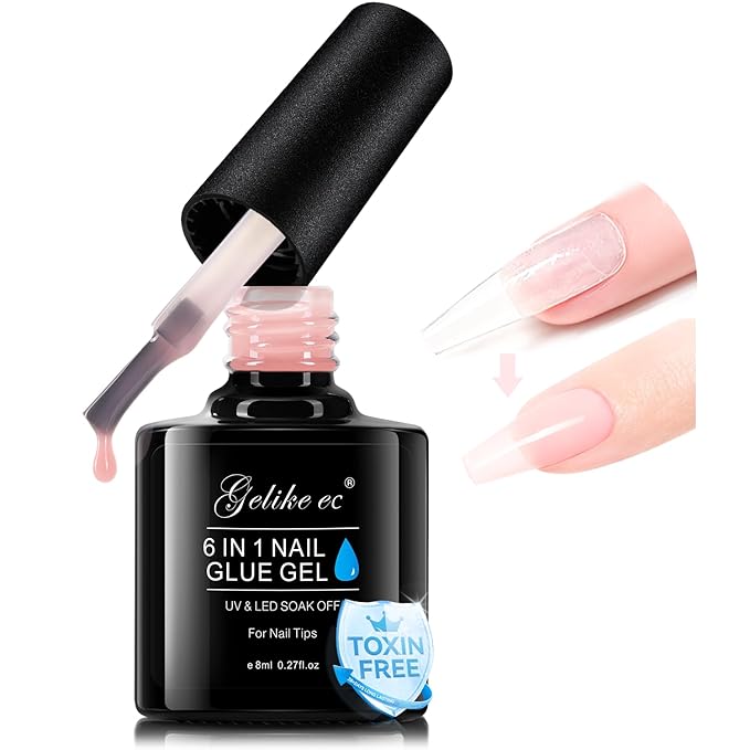 Gelike EC Gel Nail Glue UV Light: Nude 6 in 1 Adhesive Gel Nail Polish, Strong Nail Glue for Press On Nails Nails Acrylic Tips, Long Last - Nail Art Gift for Home Salon Beginner DIY