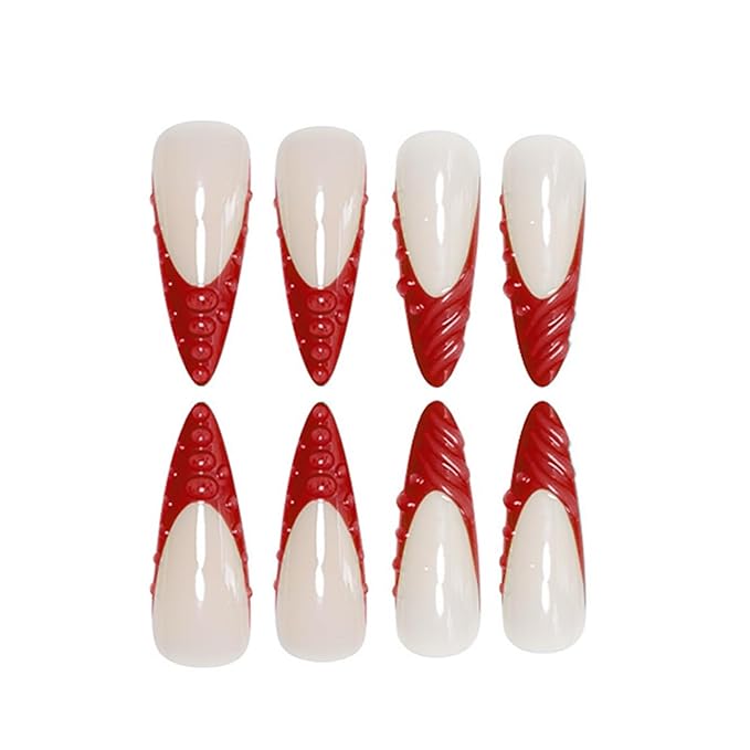 Long Press on Nails Stiletto Fake Nails Red French Artificial Nails with 3D Water Droplets Designs Extra Long Glossy Cute Stick on Nail for Women 24pcs