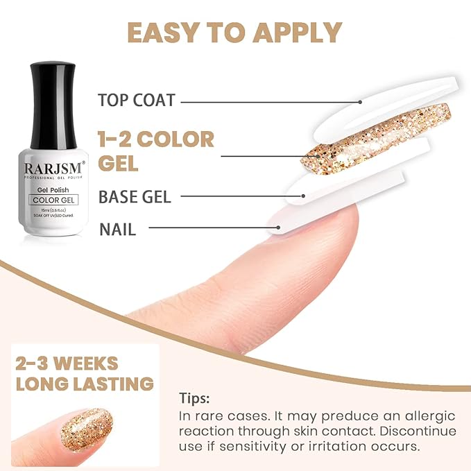 RARJSM Champagne Gold Glitter Gel Nail Polish Sparkly Iridescent Rainbow Shimmer Holographic Gelpolish Soak off L e d U V Curing Required High Pigments Gel for Home Salon Manicure Nail Art 15ml