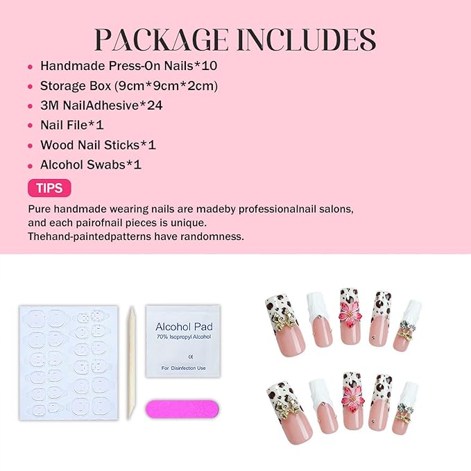 White French Tip Press on Nails Handmade Press on Nails 3D Flower and Rhinestones Bow Embossed Designs Long Coffin Spring Summer Fake Nails Muti-Layer Gel False Nails for Women Nails DIY (Size M)