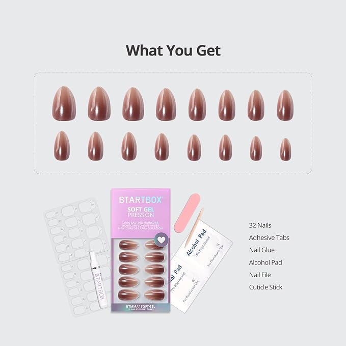 BTArtbox Press On Nails Almond - Molten Chrome, Ombre Brown Short Press On Nails with Glue and Adhesive Tabs for Women, Soft Gel Glue On Nails in 16 Sizes - 32 Stick On Nails Kit