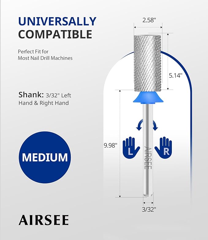 AIRSEE Tungsten Carbide Acrylic Nail Drill Bit Efile Electric File Machine Head Tip for Manicure Polishing Art Remove Gel 3/32" 2 Way Professional Tech Flat Top Cylinder Barrel Medium-M