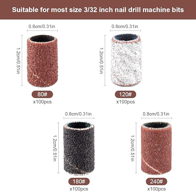 Rolybag Sanding Bands for Nail Drill Nail Sanding Bands Professional Sanding bit Nails 400 Pieces 4 Color Coarse Fine Grit Efile Sand Set 80#120#180#240# 2 Pieces Nail Drill Bits