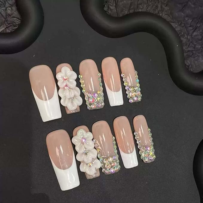 10Pcs Press On Nails Handmade Nails Long Square Fake Nails 3D Flower With Rhinestone Design French Tip False Nails Full Cover Acrylic Nail Reusable Stick On Nail For Women(SIZE:Large)