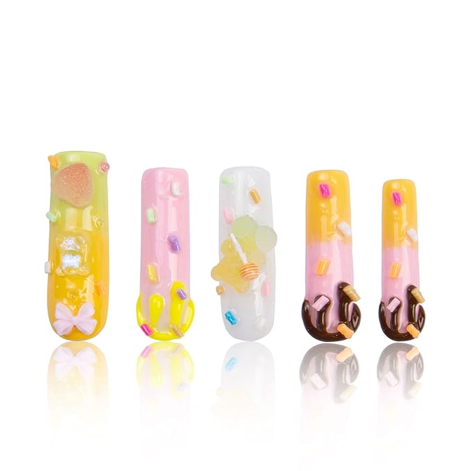 LOVFUL Press on Nails Ice Queam| Handmade with Full Covered Crystals| Reusable Fake Nails| Square Mid length 1.7in| H110-S