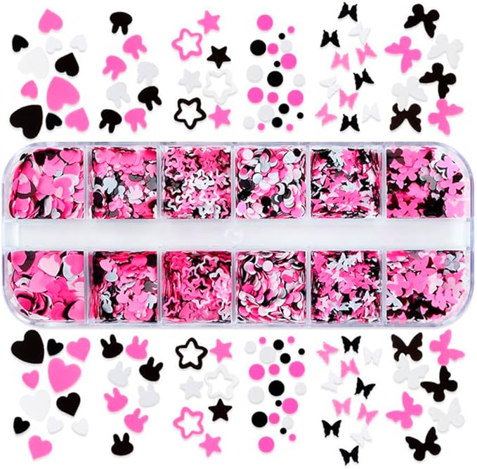 12 Grids 3D Nail Pink Sequins Cute Rabbit Decals Black Shiny Heart Glitter Mixed Shape Sticker Manicure DIY Tips