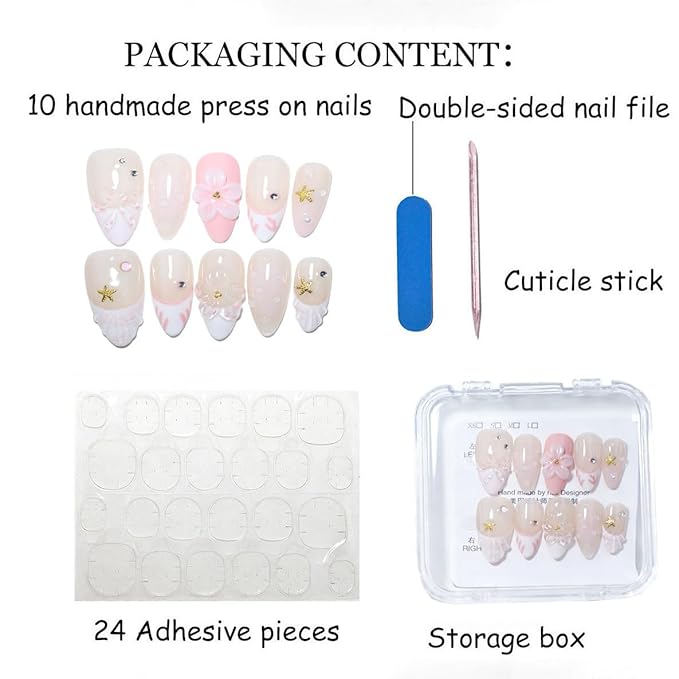 10 Medium Almond Handmade Press On Nails | Romantic Beach Nude Pink French Tip Fake Nails with 3D Floral, Starfish & Shell Texture | Easy Apply & Remove, Reusable Salon Quality Nails (5U11, S)