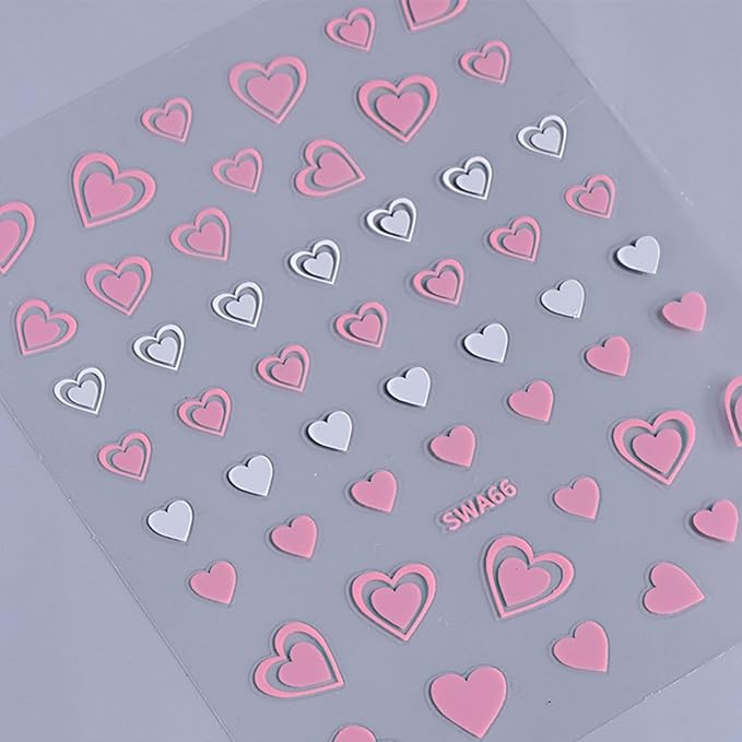 8 Sheets Valentines Nail Art Stickers 3D Self-Adhesive Heart Nail Decals Romantic Black Pink Heart Nail Stickers Design Holiday DIY Manicure Decorations for Women