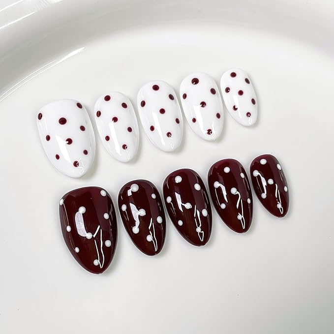 Luxury Press on Nails Short Almond Handmade Unique Reusable ABS Material Fake Nails Win Red&White False Nails with Designs Polka Dots Glossy Glue on Nail Thick Acrylic Nail(M)