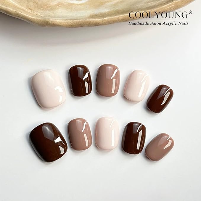 Press-On Nails, Fake Nails With Light Brown, Dark Brown, Beige, Brown Press On Nails, Short Nails, 25 PCS Handmade Nails