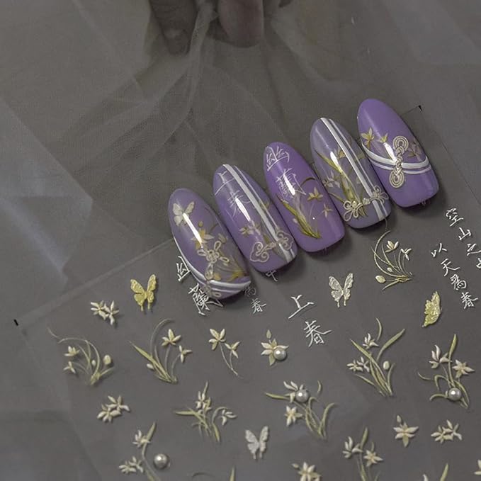 Floral Butterfly Nail Art Stickers, Green and White Designs, Delicate Orchid Chinese Characters Nails Decal