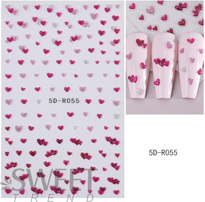 Valentine Day Nail Stickers 5D Embossed Red Hearts Nail Decals Cute Blue Love Nail Designs Multi Kawaii Glitter Nails Supplies Spring Holiday Nails Art Supplies for Women DIY Manicure 4 Sheets