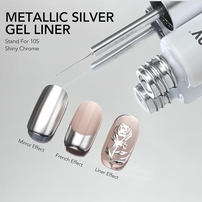 GAOY Metallic Silver Gel Nail Polish Art Liner, 8ml 3D Mirror Chrome Effect Color Nail Paint Design with Thin Brush, UV Light Cure for DIY Manicure at Home