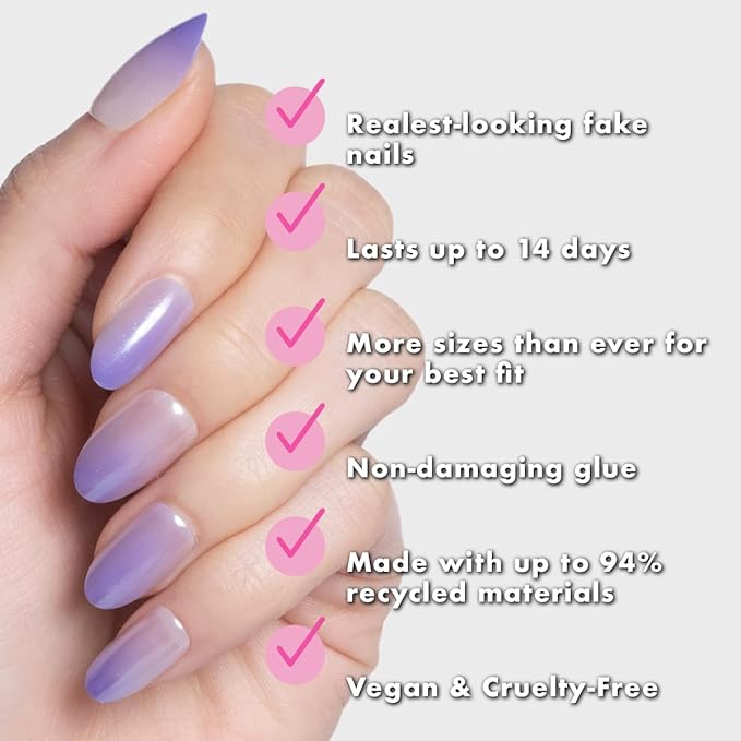 Olive & June Instant Mani Press-On Nails (Glue) | 42 Fake Nails, 21 Sizes | Non-Toxic, Long-Lasting Recycled Materials Realistic Look | Salon-Quality at Home | Medium, Oval | Purple Chrome Gradient