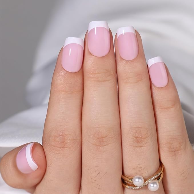 French Tip Press On Nails Short Square Fake Nails with Glue, SEENEEY Soft Gel Nail Press ons, Glue Included Stick On Nail in 16 Sizes for Women 32 Pcs