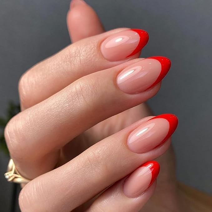 Clear Semi Cured Gel Nail Strips French Tip 20Pcs Orange Red UV Gel Nail Stickers Glossy Nails Polish Strips UV/LED Light Needed Self Adhesive Full Polish Nails Wraps for Women