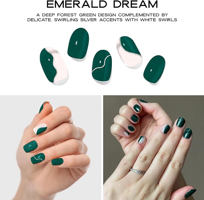 Semi-Cured Gel Nail Strips - 20 Salon-Quality Gel Sticker with UV Light Required, Long Lasting, Easy Application & Removal, Includes Prep Pad, Nail File, Wooden Stick (Green Dream)