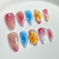 Medium Almond Press on Nails Luxury Handmade Nails with Glue,5D Flower Art False Nails with Butterfly Charms Designs Handmade Nail Press ons Muti-Layer Gel French False Nails for Women (Size S)