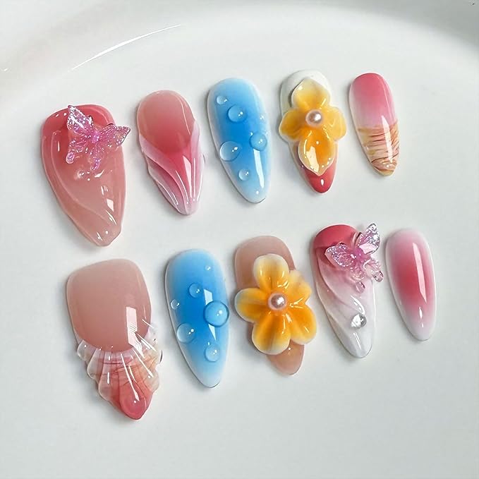 Medium Almond Press on Nails Luxury Handmade Nails with Glue,5D Flower Art False Nails with Butterfly Charms Designs Handmade Nail Press ons Muti-Layer Gel French False Nails for Women (Size S)