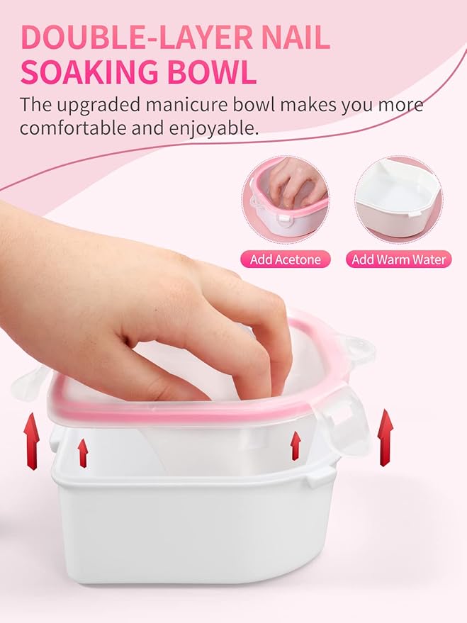 Nail Soaking Bowl, Soak Off Gel Polish Dip Powder Remover Manicure Bowl with Triangle Cuticle Peeler and Stainless Steel Cuticle Pusher Nail Art Tool (Pink-3pcs set)